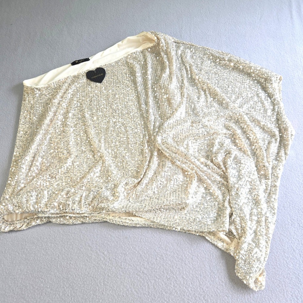 Meritt Sequin One Shoulder Top Womens 1XL Champagne Gold Draped Blouse PCT2791